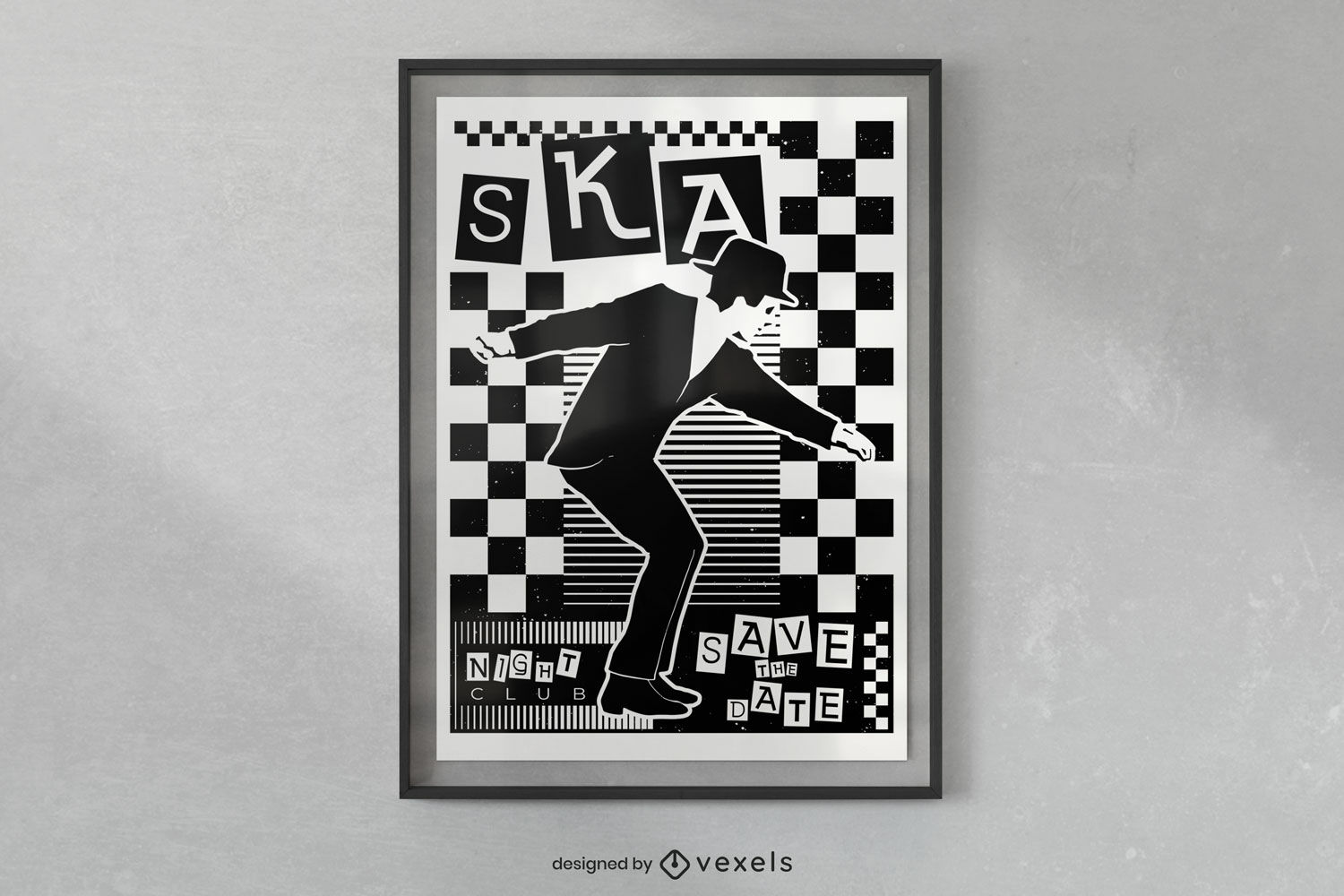 Hombre bailando en diseño de carteles en blanco y negro.