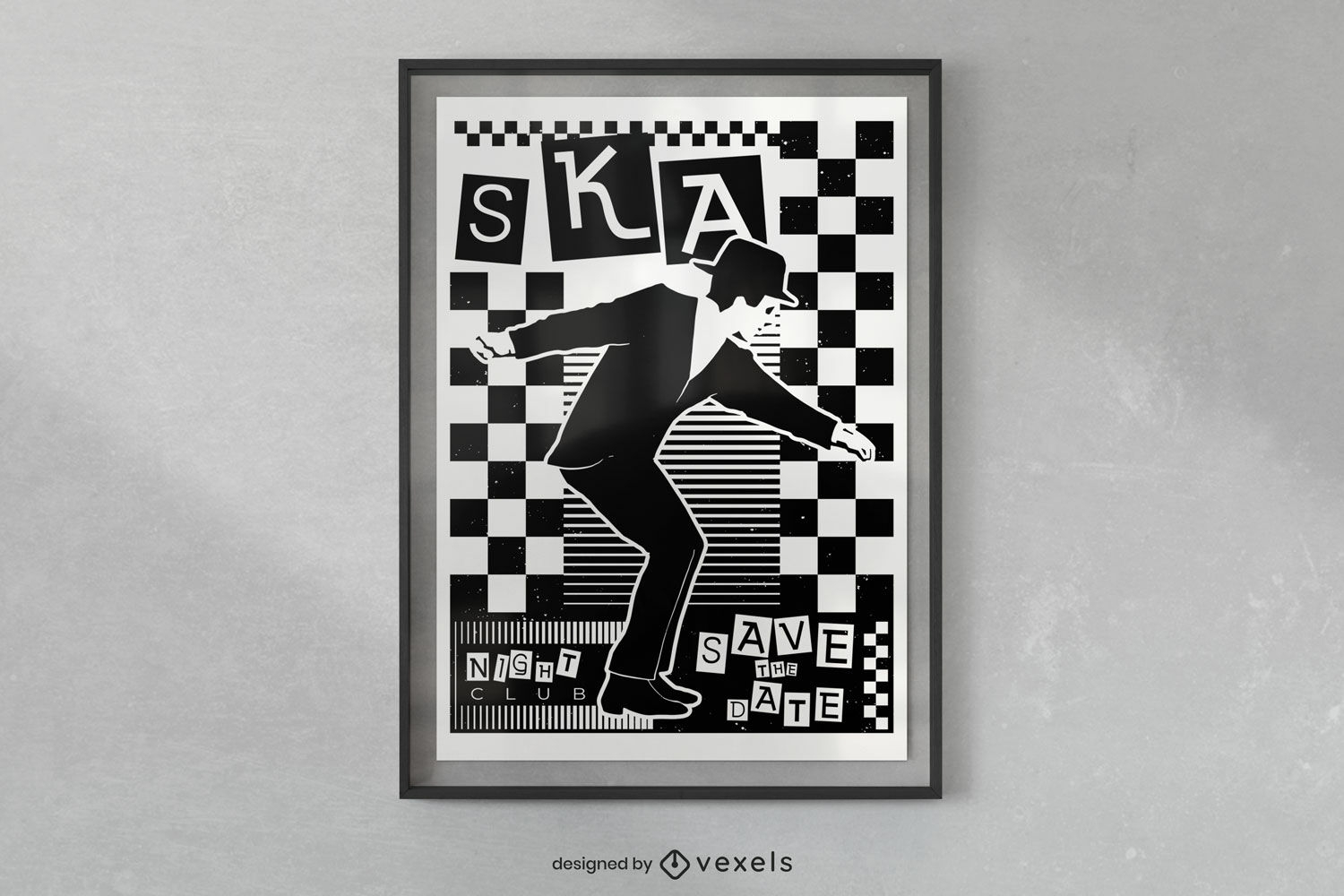 Man dancing in black and white poster design