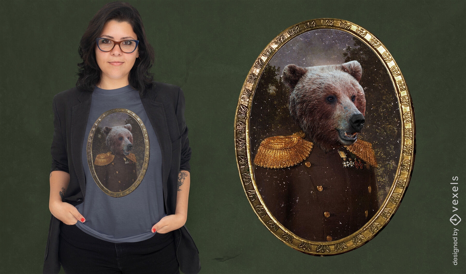 Design de camiseta psd de retrato de comandante de urso