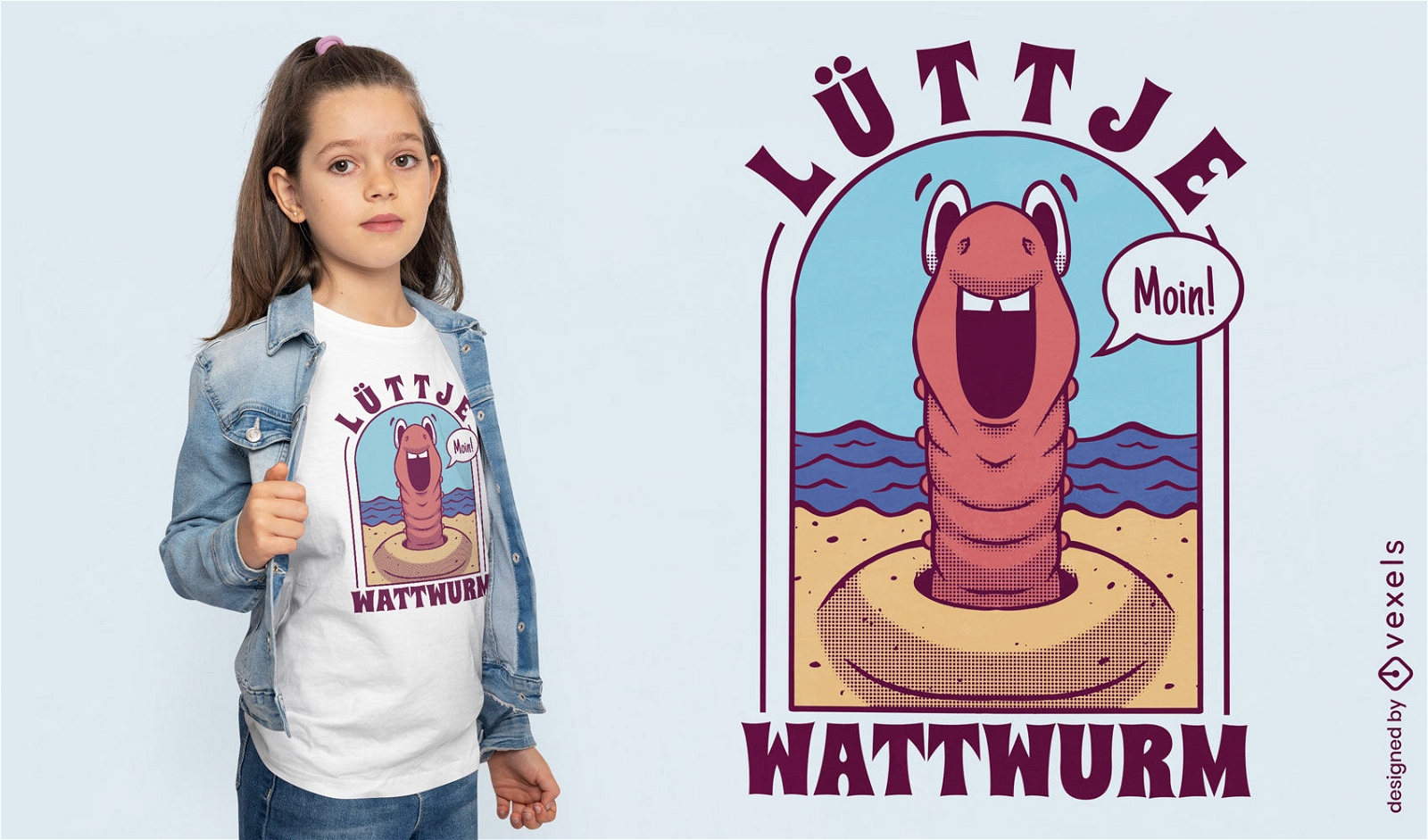 Worm animal cartoon at beach t-shirt design