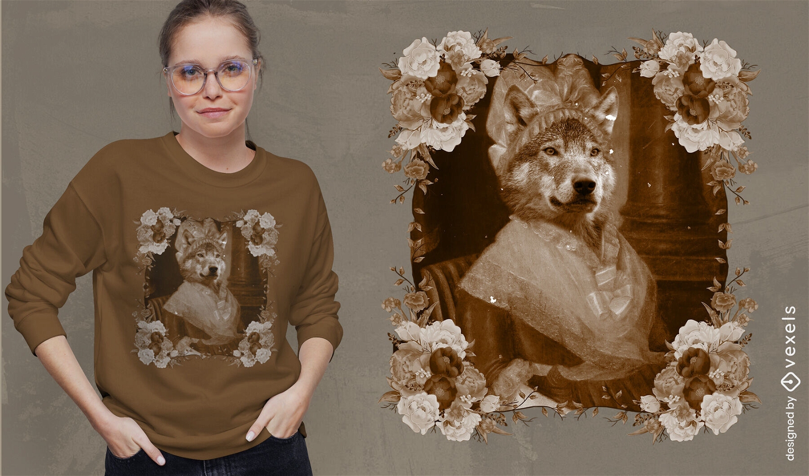 Königliches Wolf-Blumen-PSD-T-Shirt-Design