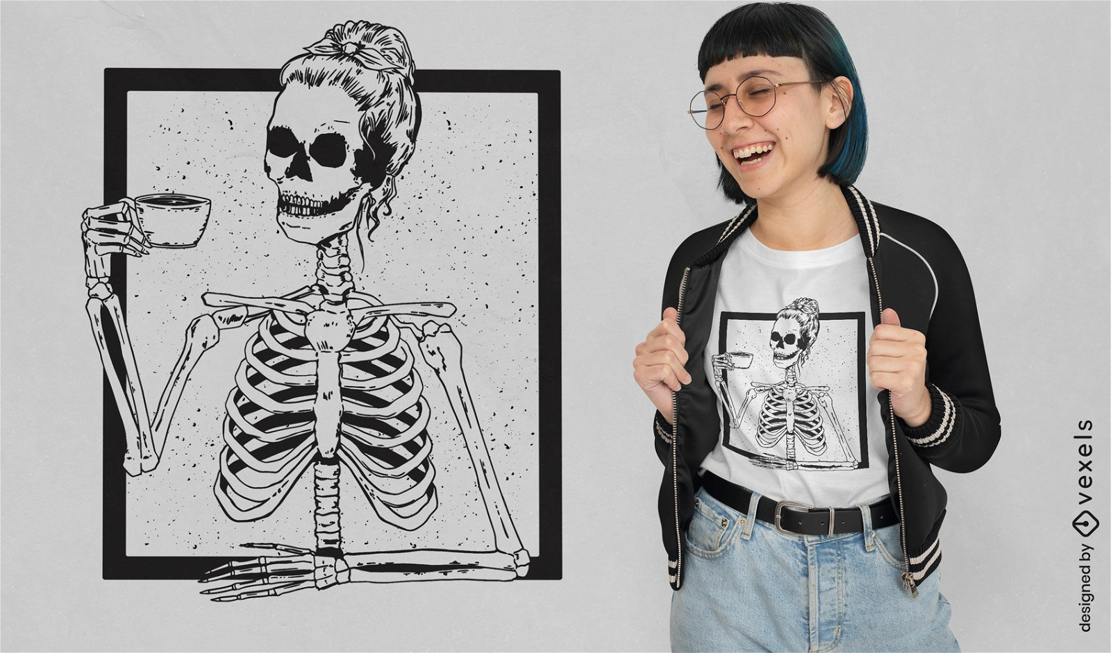 Design de camiseta de caf? esqueleto feminino