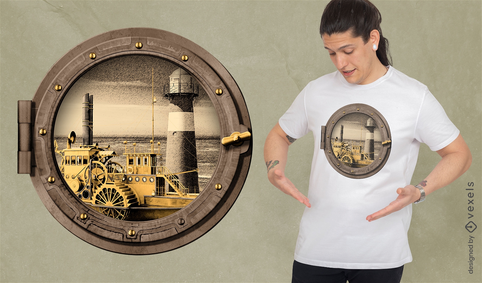 Diseño de camiseta de ventana de barco Steampunk