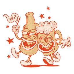 Personagens de cerveja e vidro comemorando o ano novo Desenho PNG