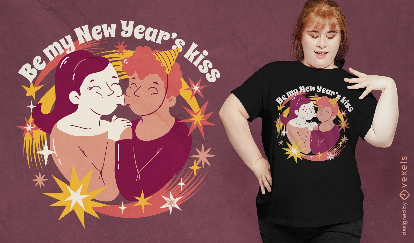 Design de camiseta de casal de ano novo beijando
