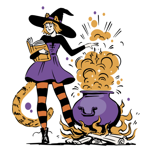 Young witch crafting spell in a cauldron PNG Design