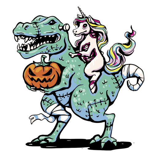 Dinosaur carrying jack-o-lantern and unicorn PNG Design