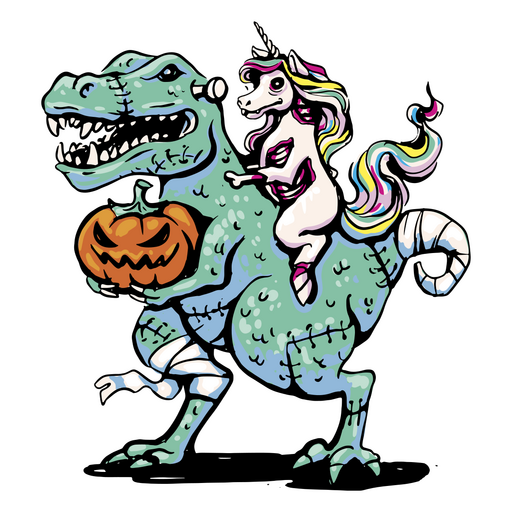 Dinossauro carregando jack-o-lantern e unicórnio Desenho PNG