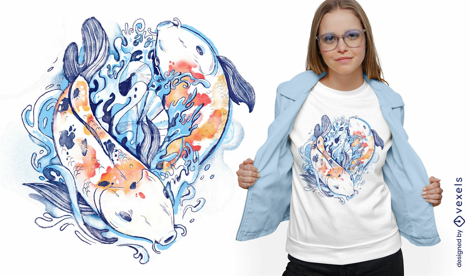 Diseño de camiseta de pez koi yin yang acuarela