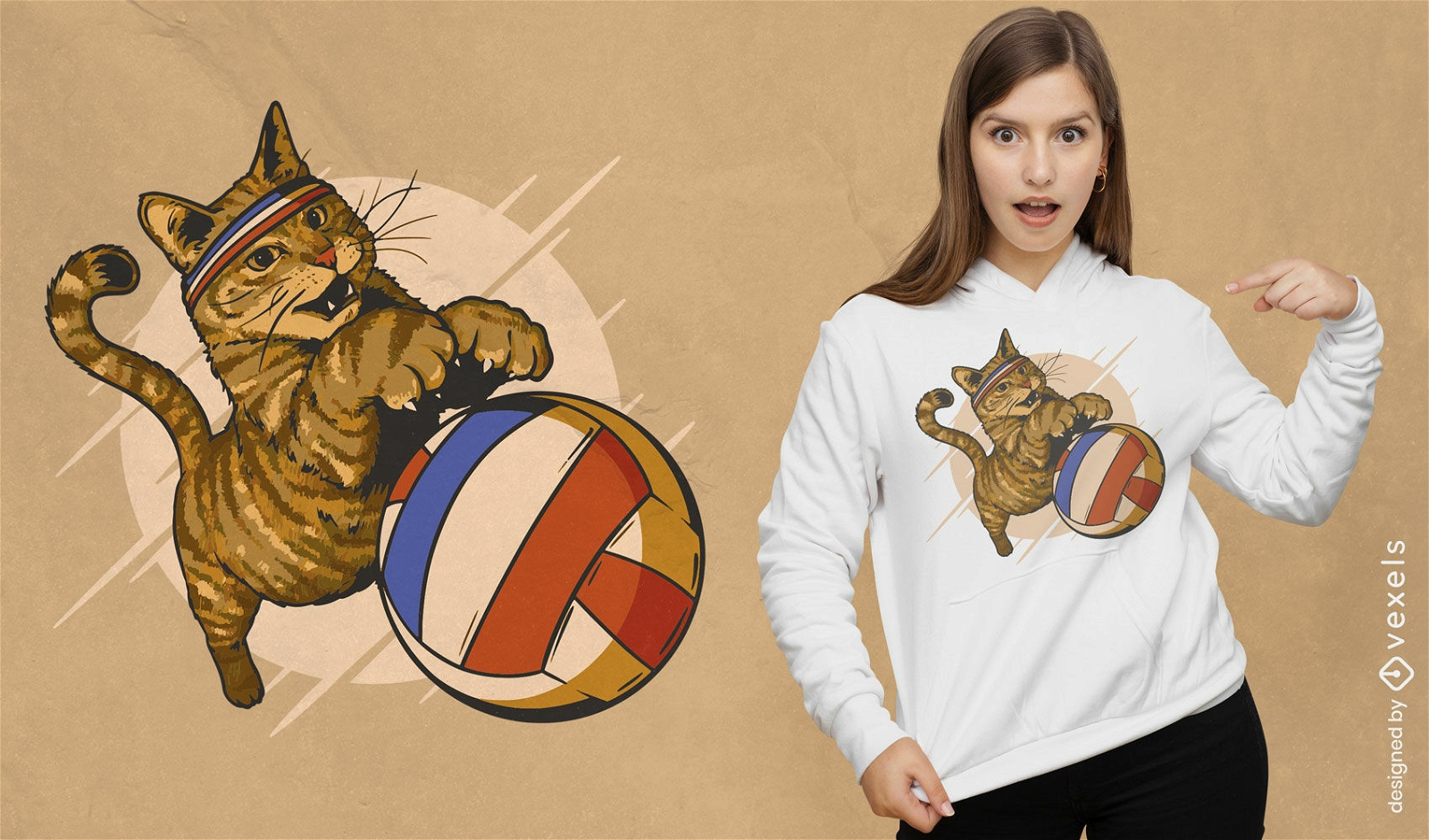 Diseño de camiseta de gato jugando voleibol.
