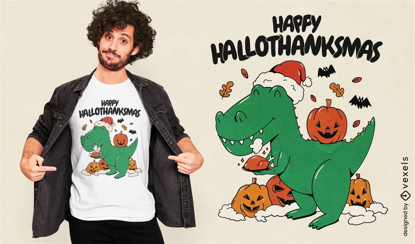 T-rex in christmas and halloween t-shirt design