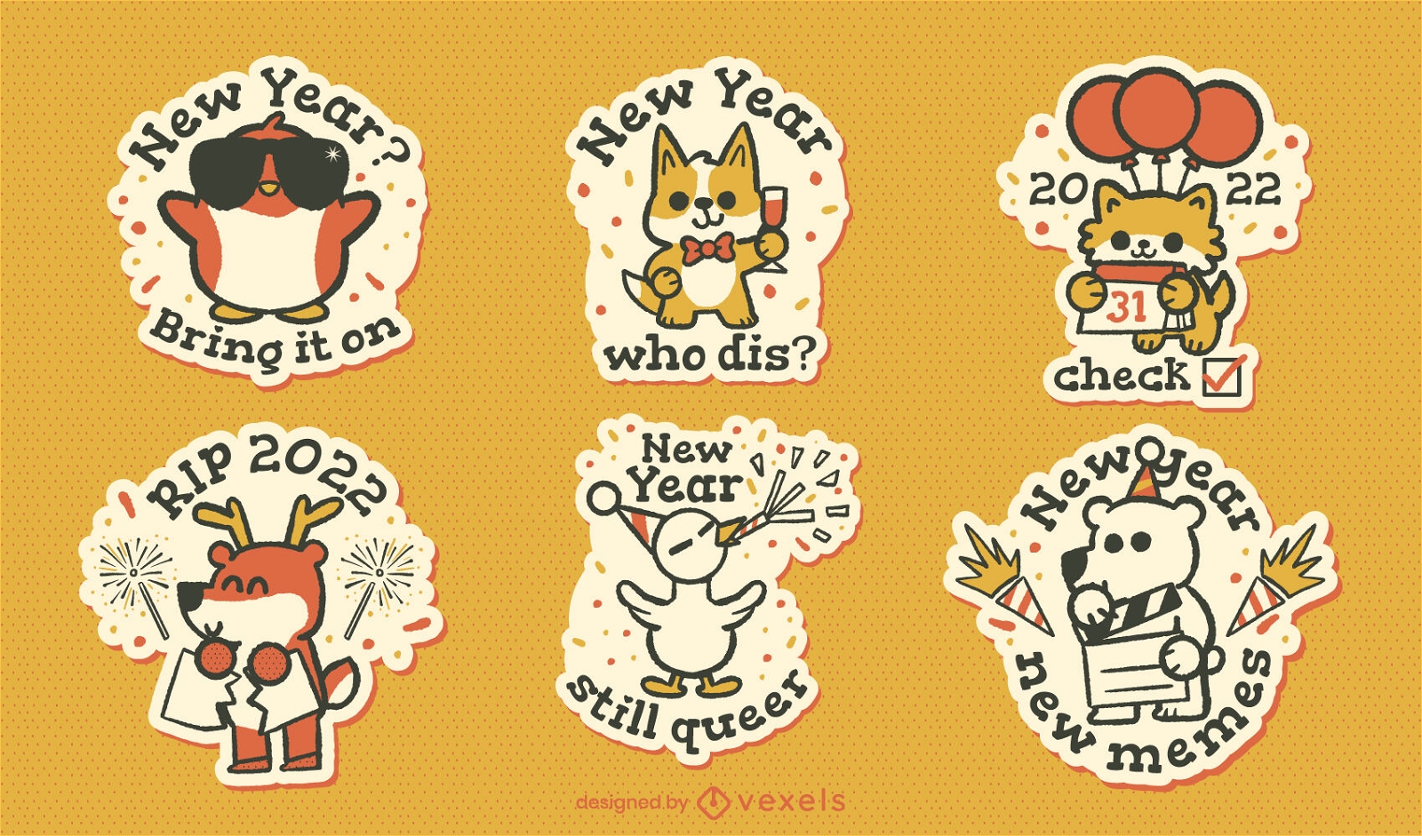 Cartoon animals new year sticker set
