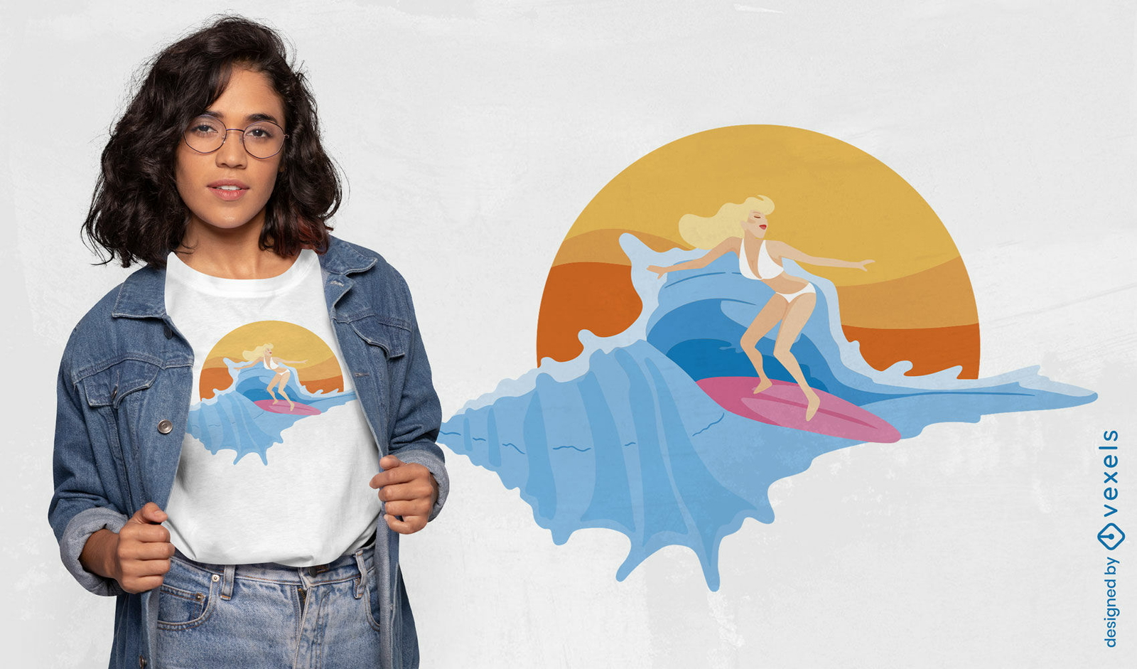 Chica surfista en un diseño de camiseta de concha