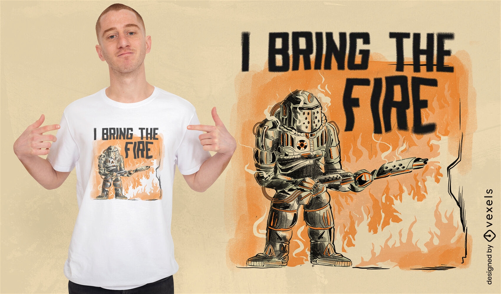 Robot with flamethrower weapon t-shirt psd