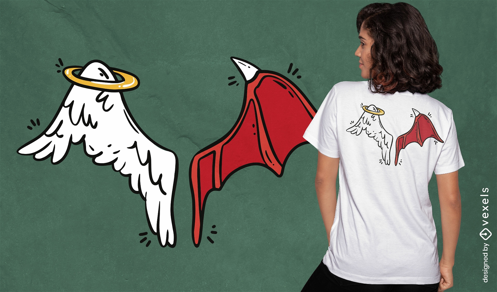 Diseño de camiseta de alas de ángel y demonio.