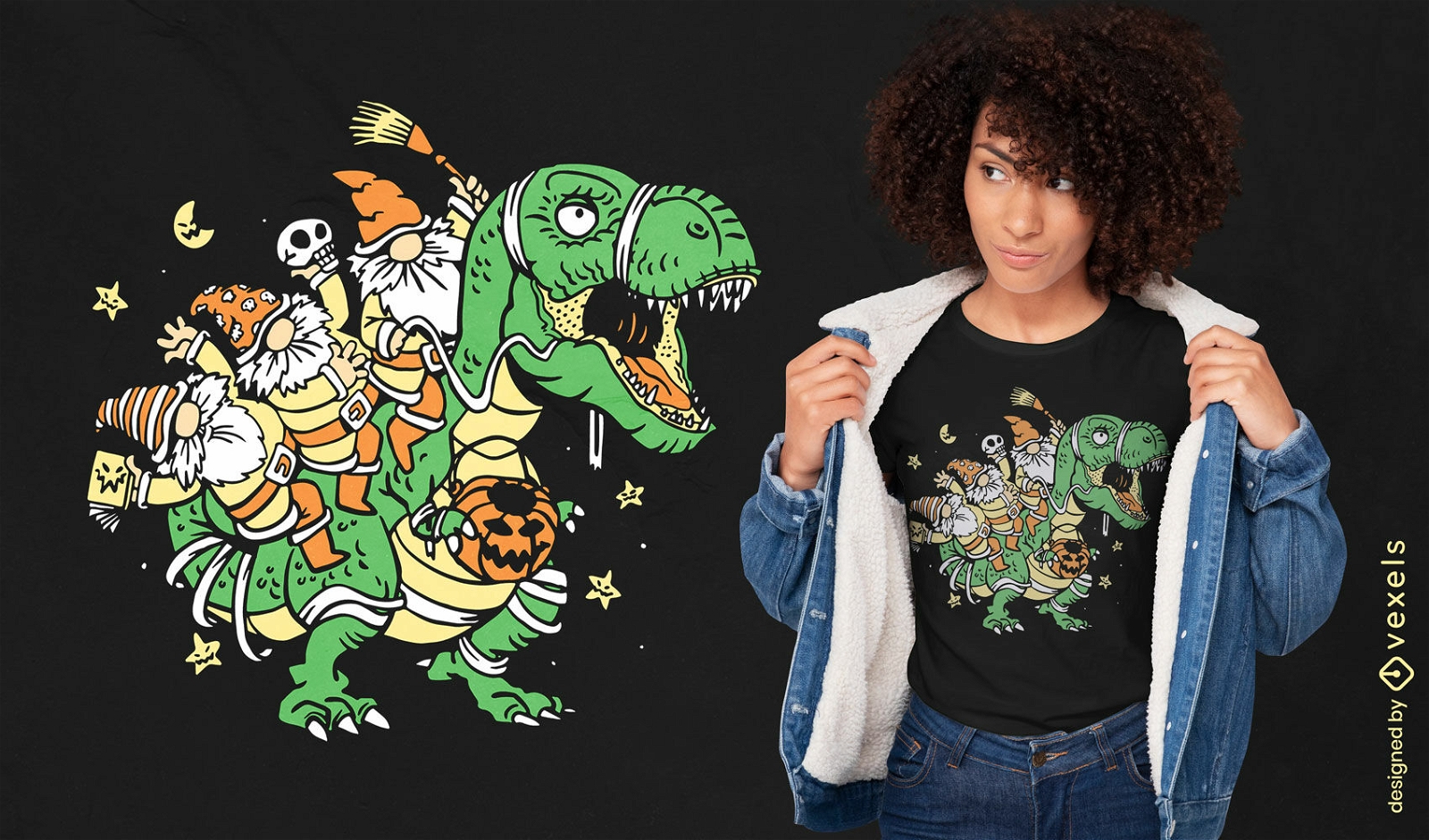 Gnomos en diseño de camiseta de dinosaurio t-rex