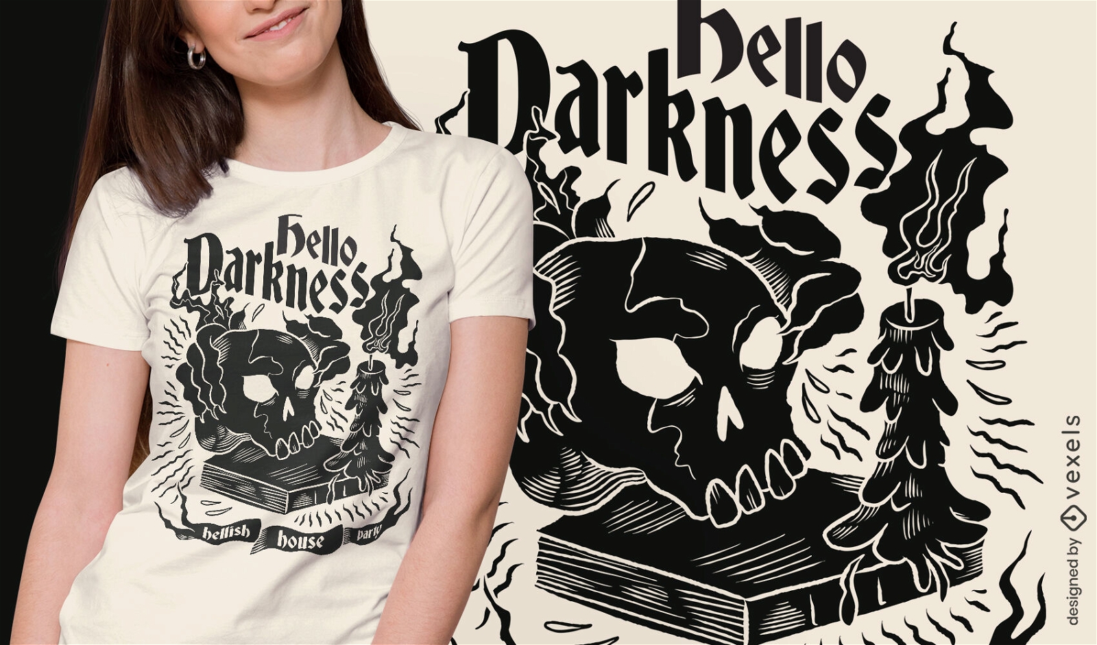 Diseño de camiseta de libro de magia oscura y calavera.
