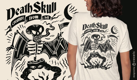 Esqueleto com design de camiseta de magia negra de asas