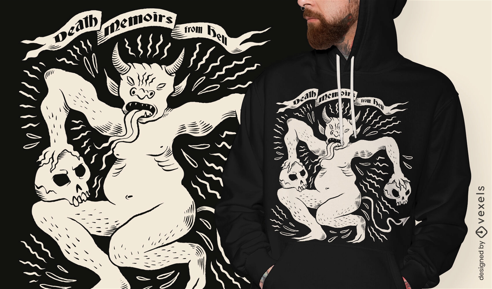T-Shirt-Design der dämonischen Kreatur mit dunkler Magie