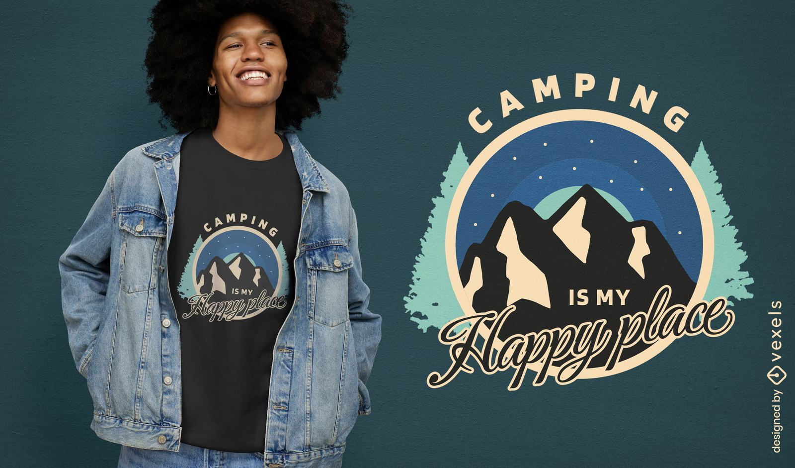 Insignia de camping con diseño de camiseta de montaña.