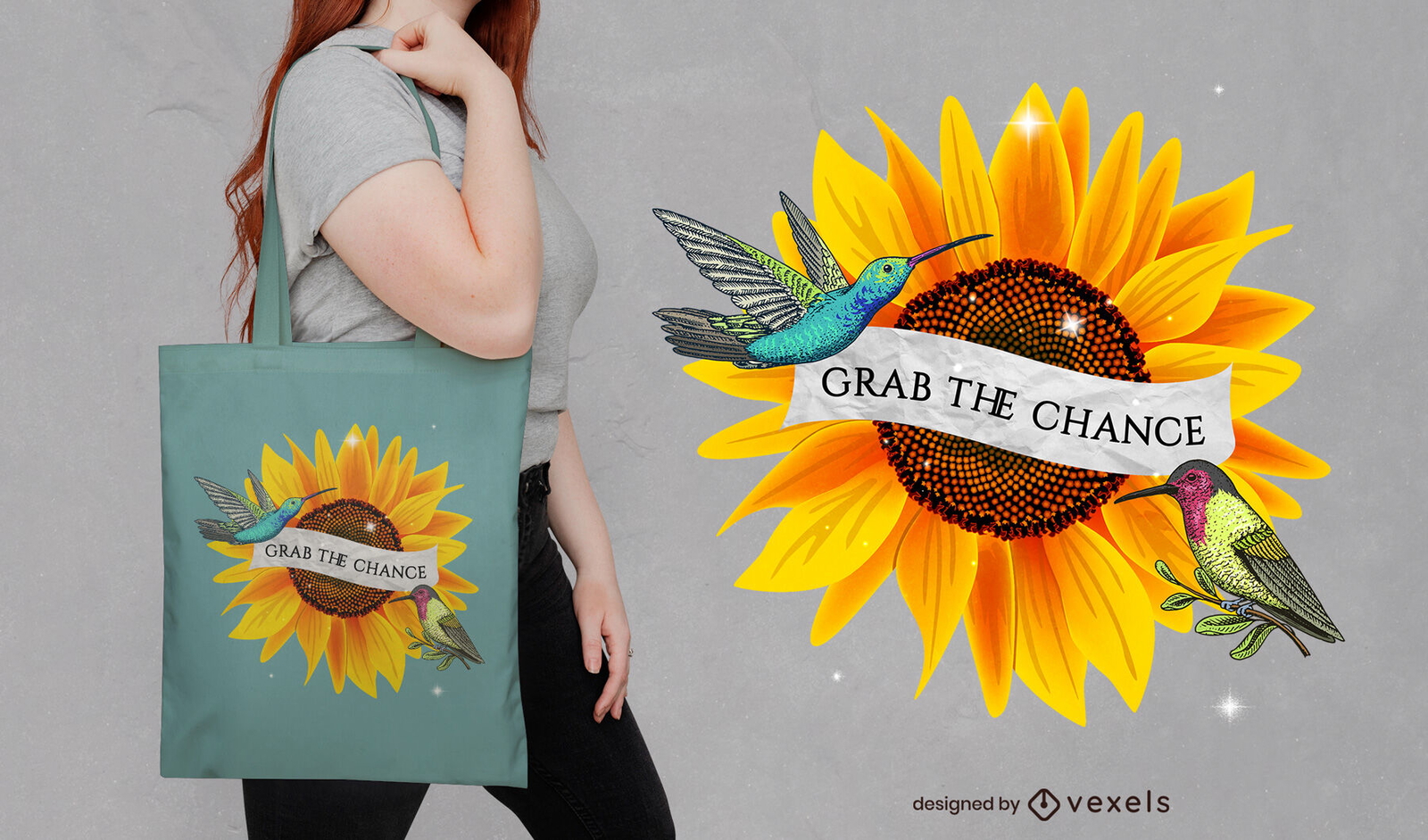 Diseño de tote bag de girasol y colibrí