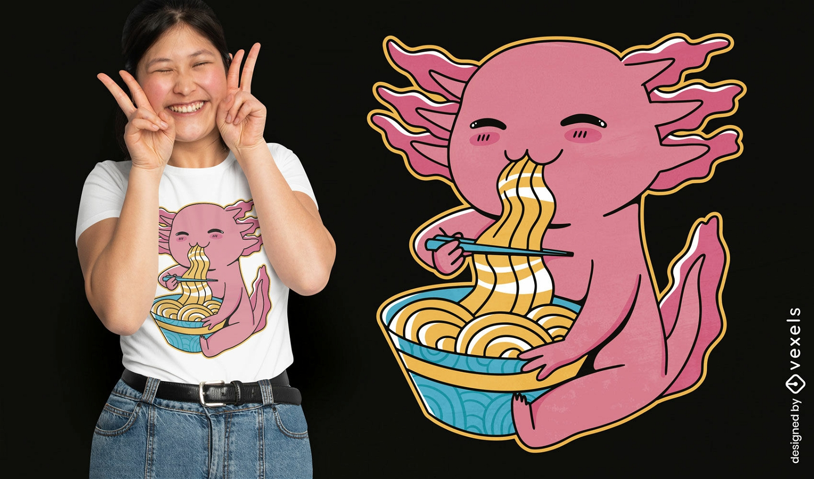 Diseño lindo de la camiseta del ramen del animal del ajolote que come