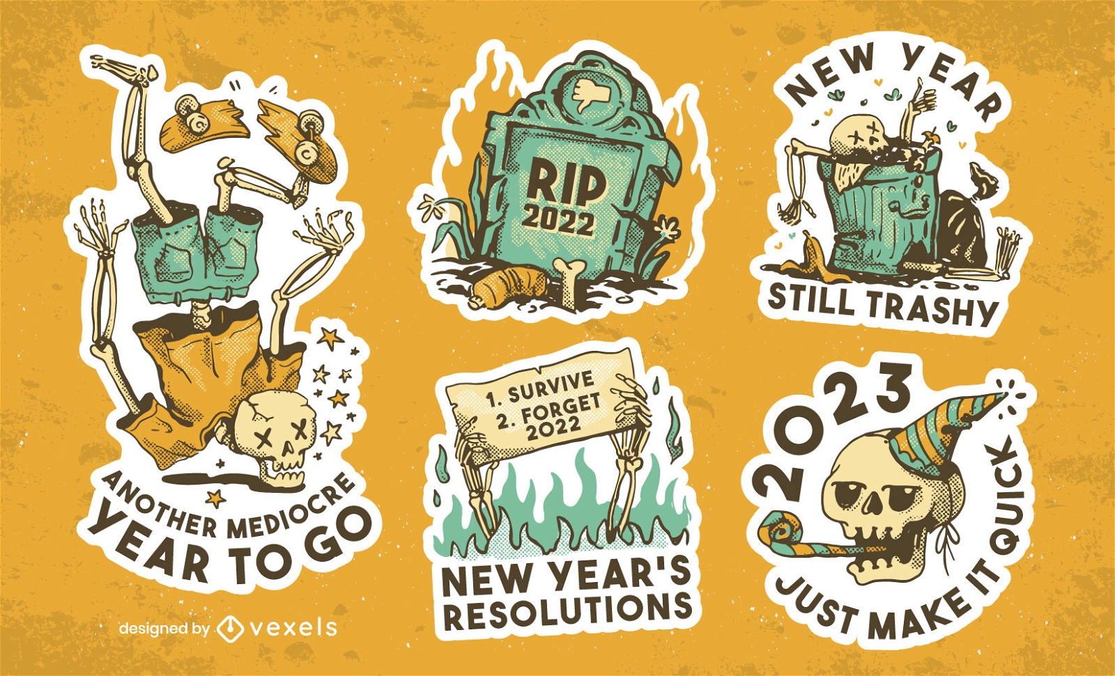 Anti New Year skeletons sticker set