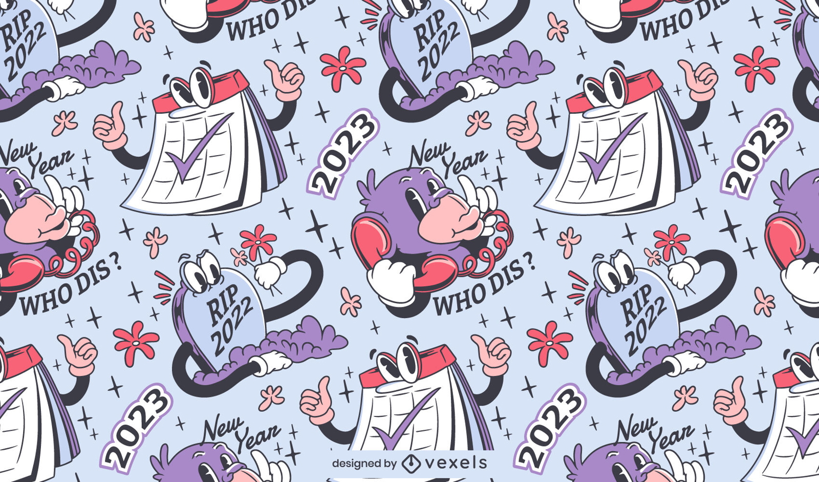 New Year retro cartoon pattern design