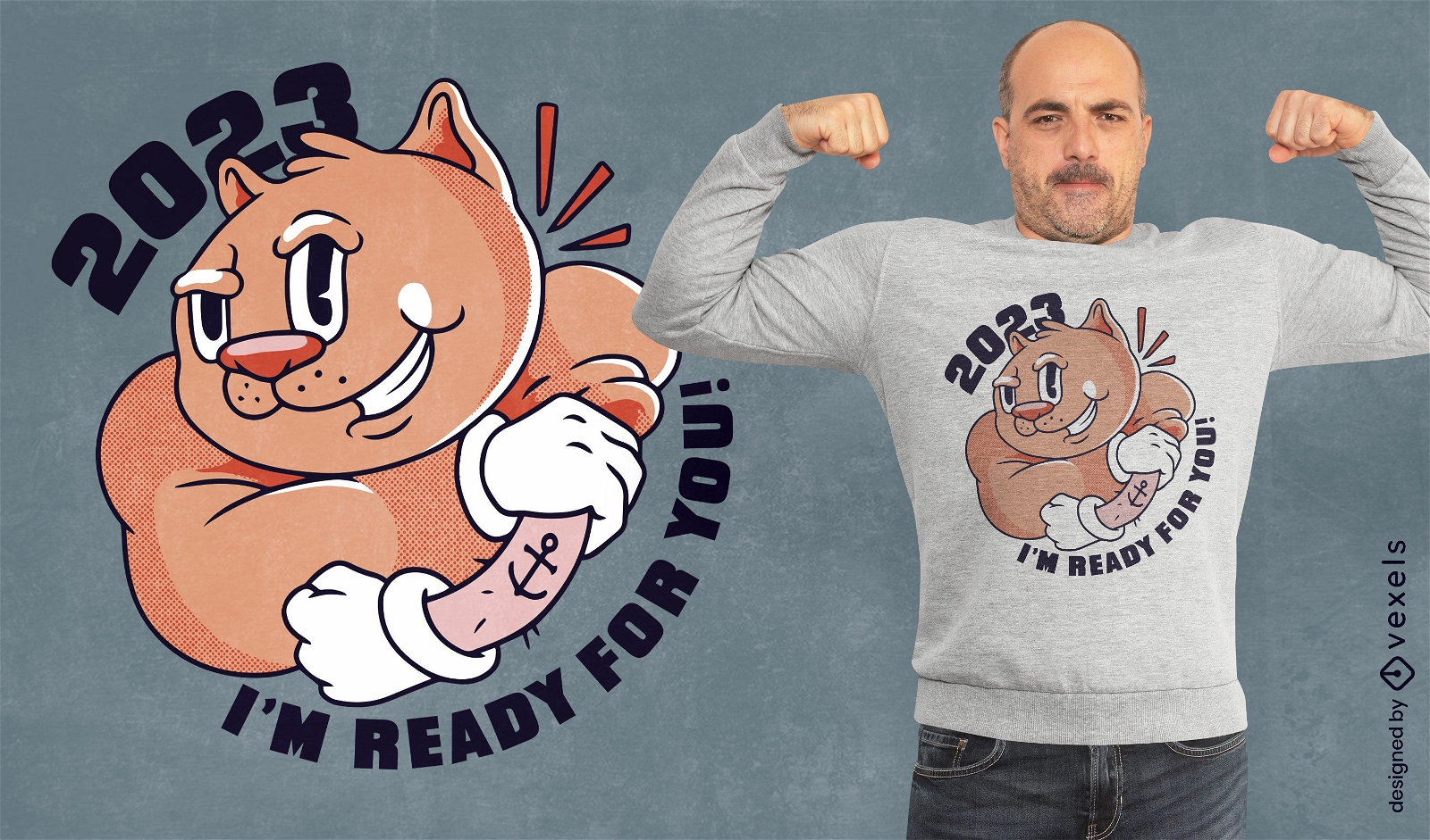 Design de camiseta de ano novo de desenho de gato forte