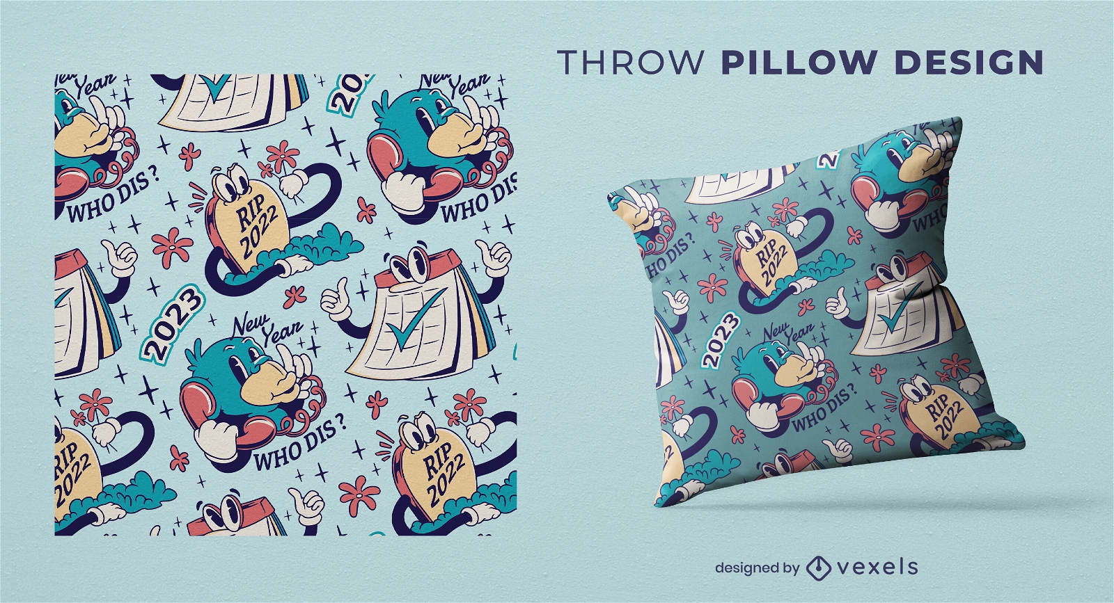 New Year cartoon throw pillow design