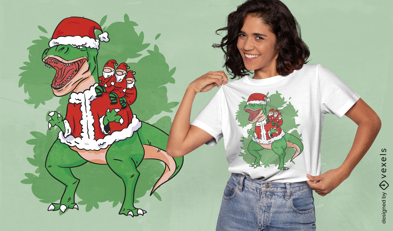 Diseño de camiseta navideña t-rex y gnomos.