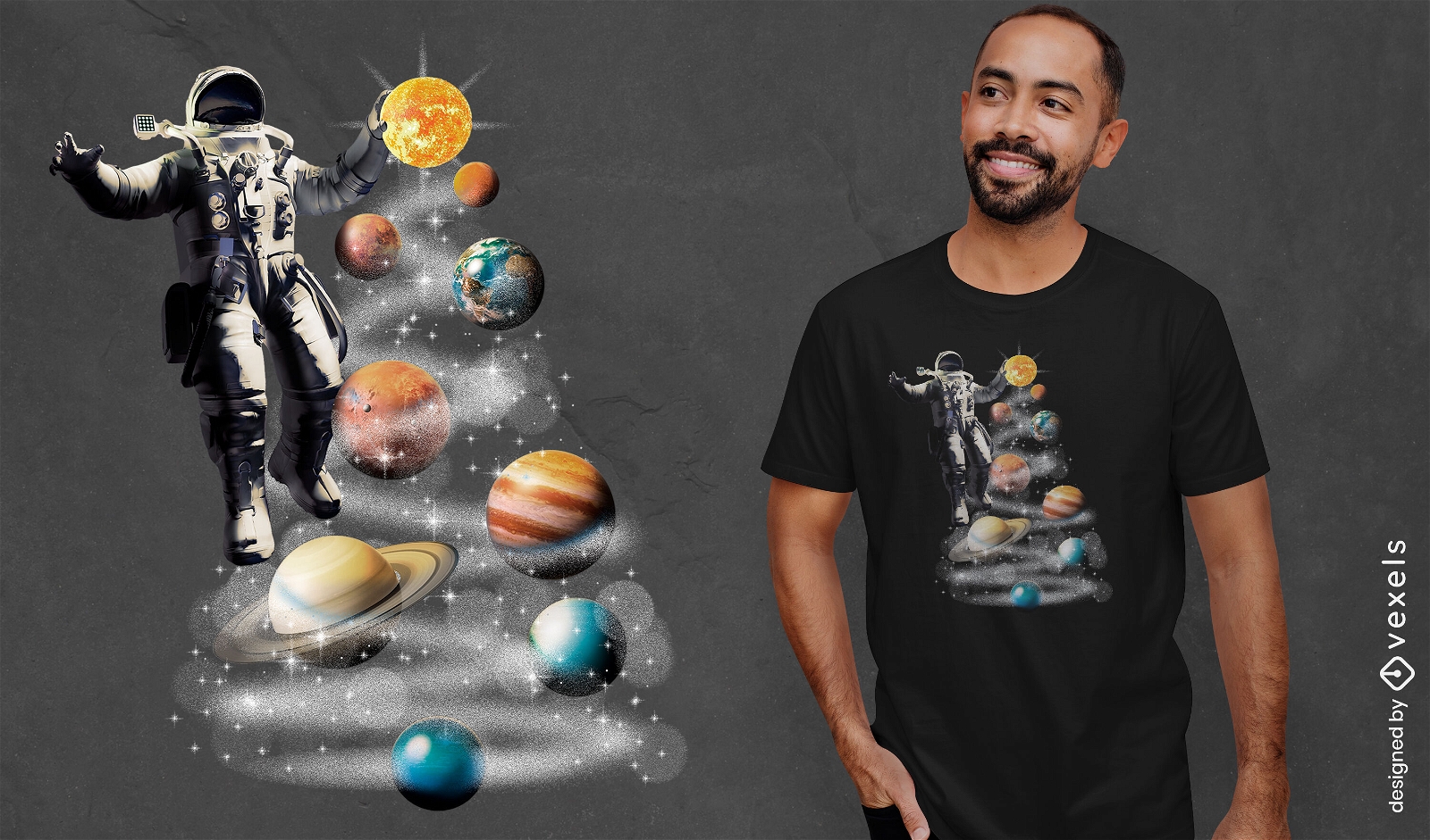 Dise?o de camiseta de ?rbol de Navidad espacial.