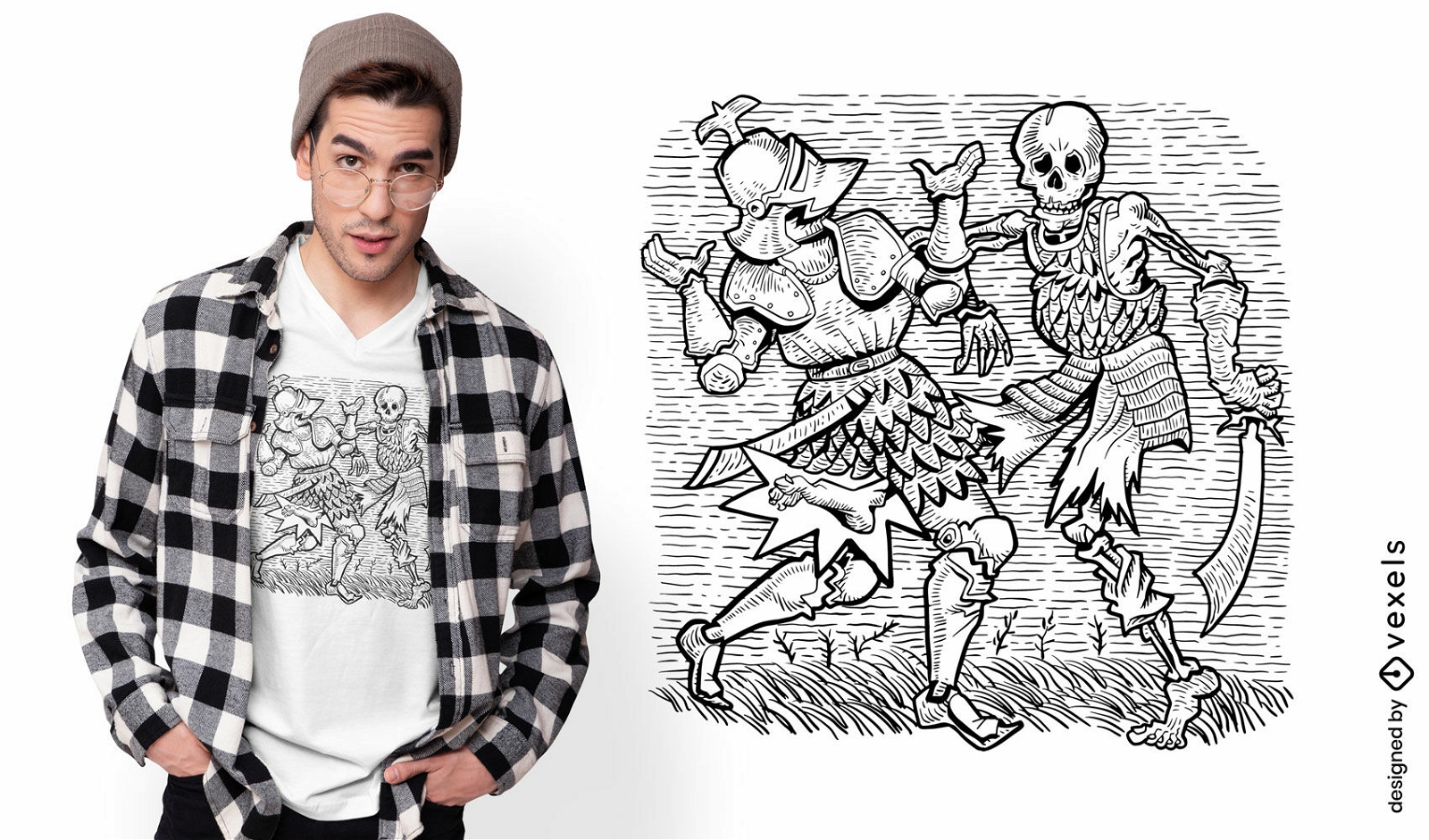 Skeleton knight fight t-shirt design
