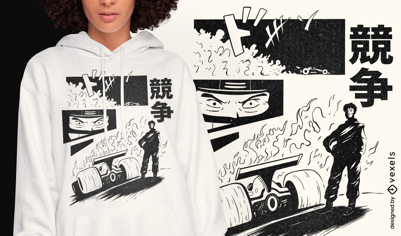 Camiseta em quadrinhos de carro de corrida japonês psd