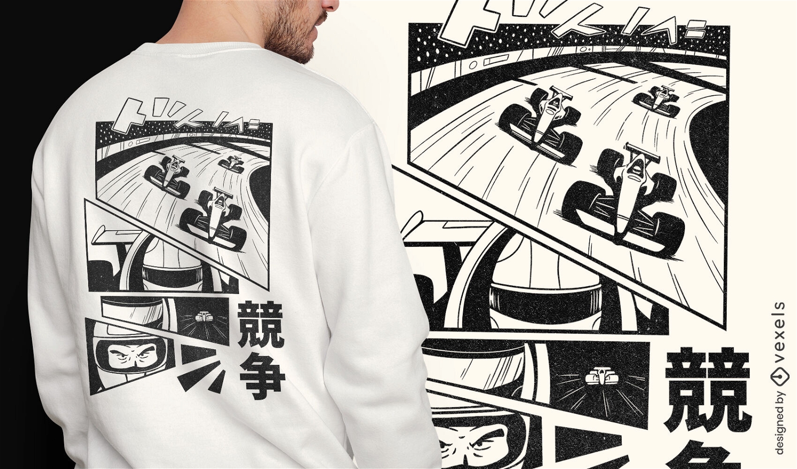 Camiseta de quadrinhos de carro de corrida japonês psd