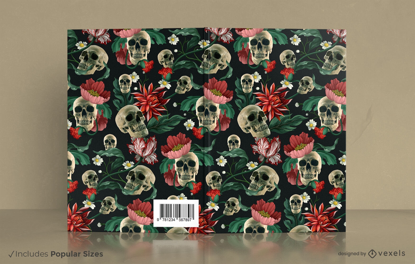 Diseño de portada de libro de calaveras y flores.