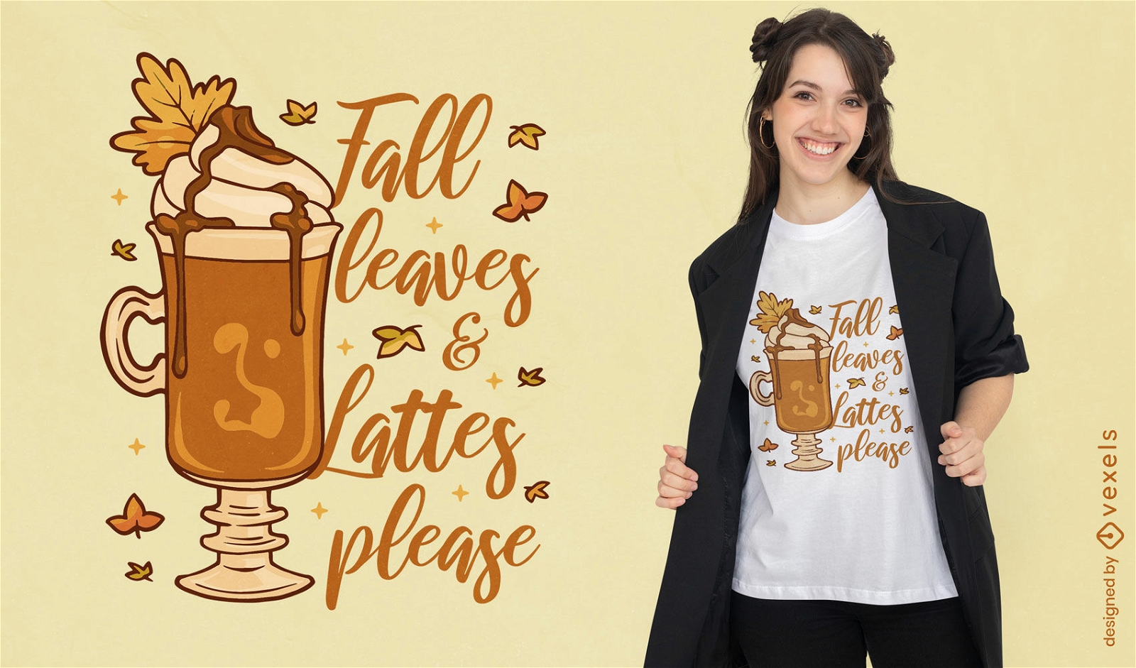 Dise?o de camiseta de hojas de oto?o y caf? con leche.