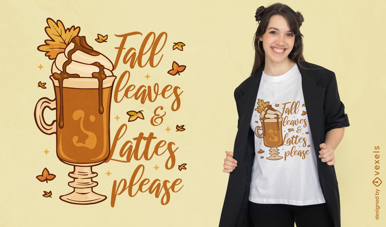 Diseño de camiseta de hojas de otoño y café con leche.