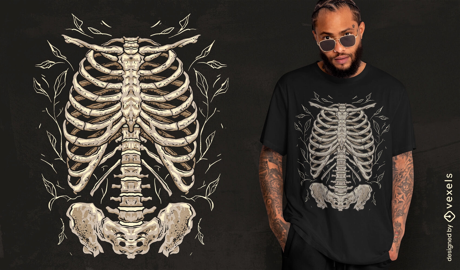 Design de t-shirt de peito e folhas de esqueleto