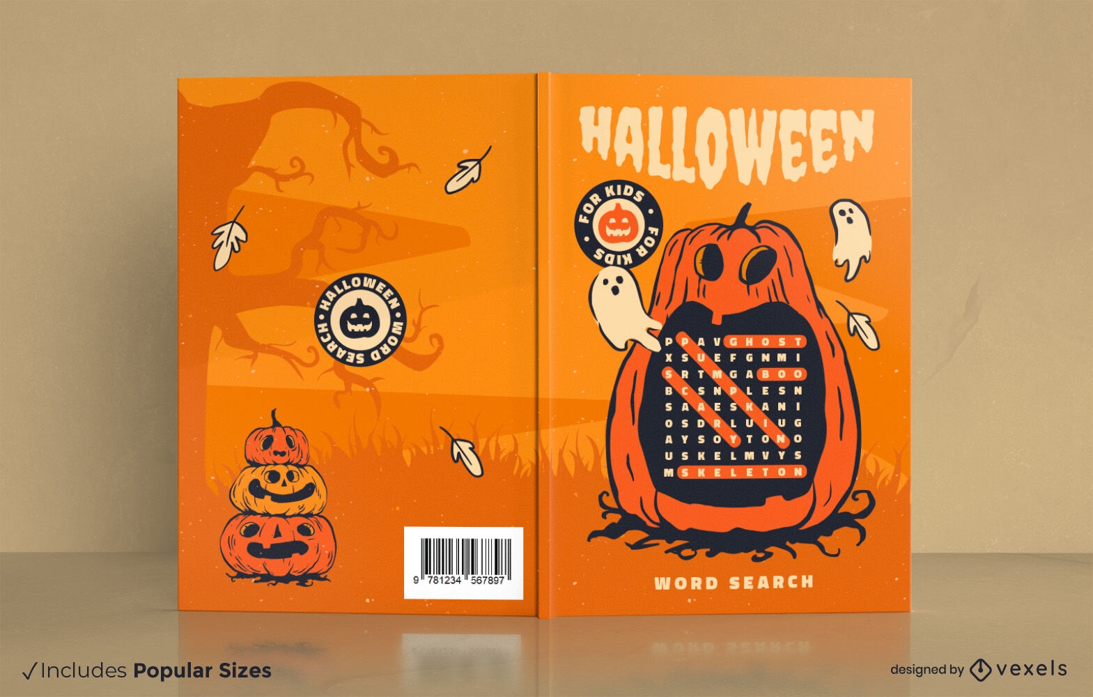 Design de capa de livro de busca de palavras de Halloween