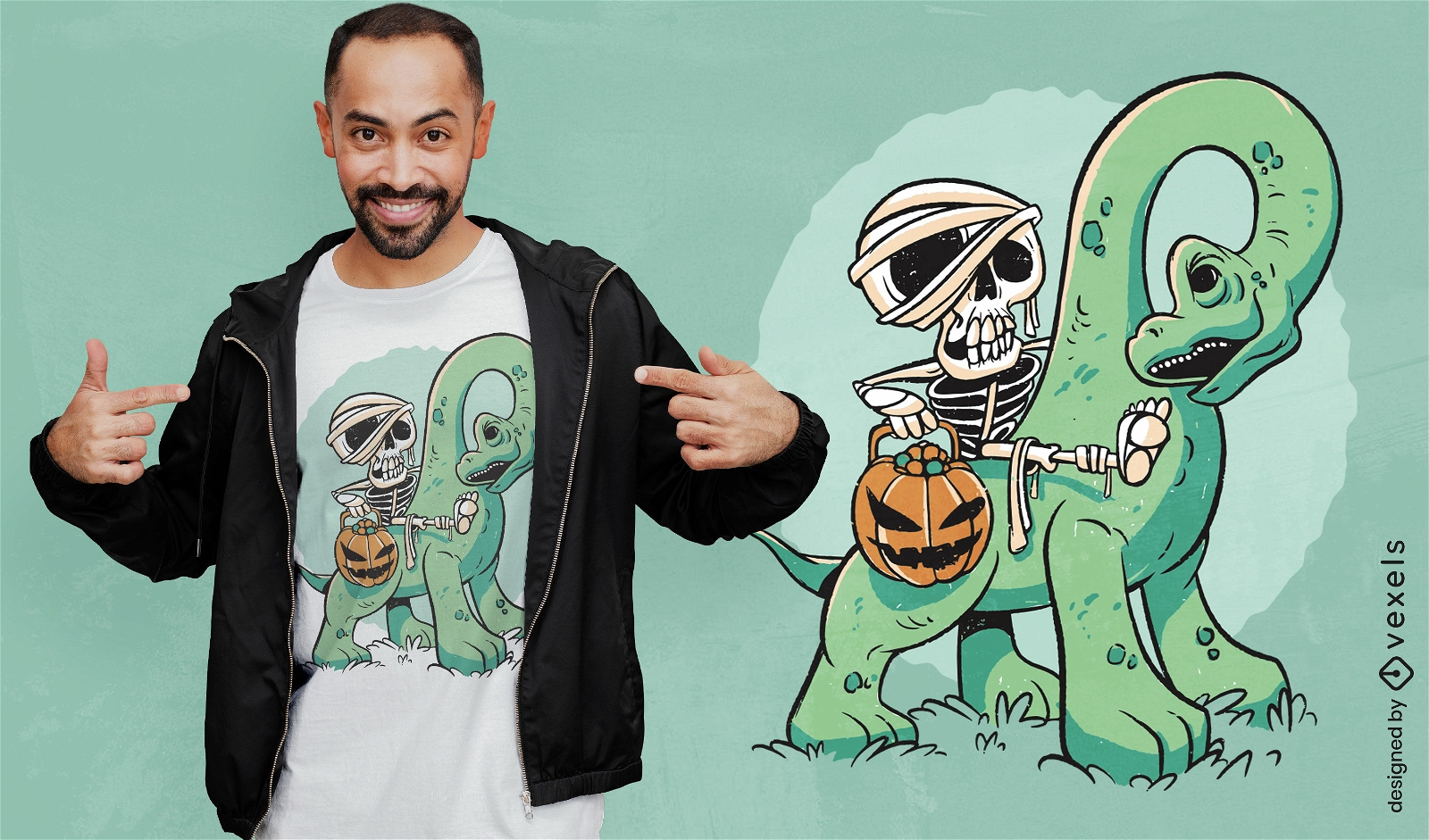 Design de camiseta de dinossauro e esqueleto de Halloween