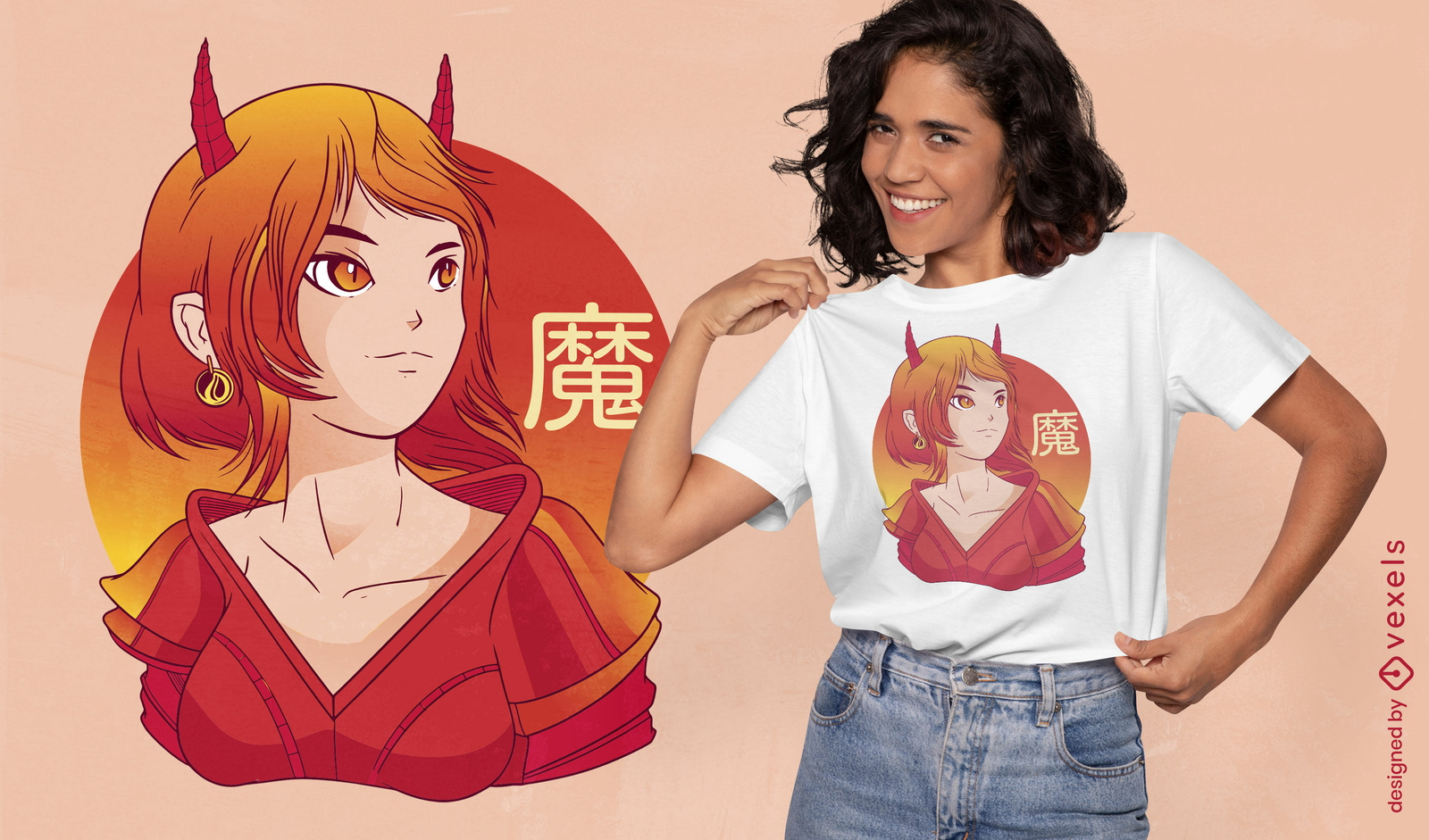 Diseño de camiseta de chica demonio japonesa.