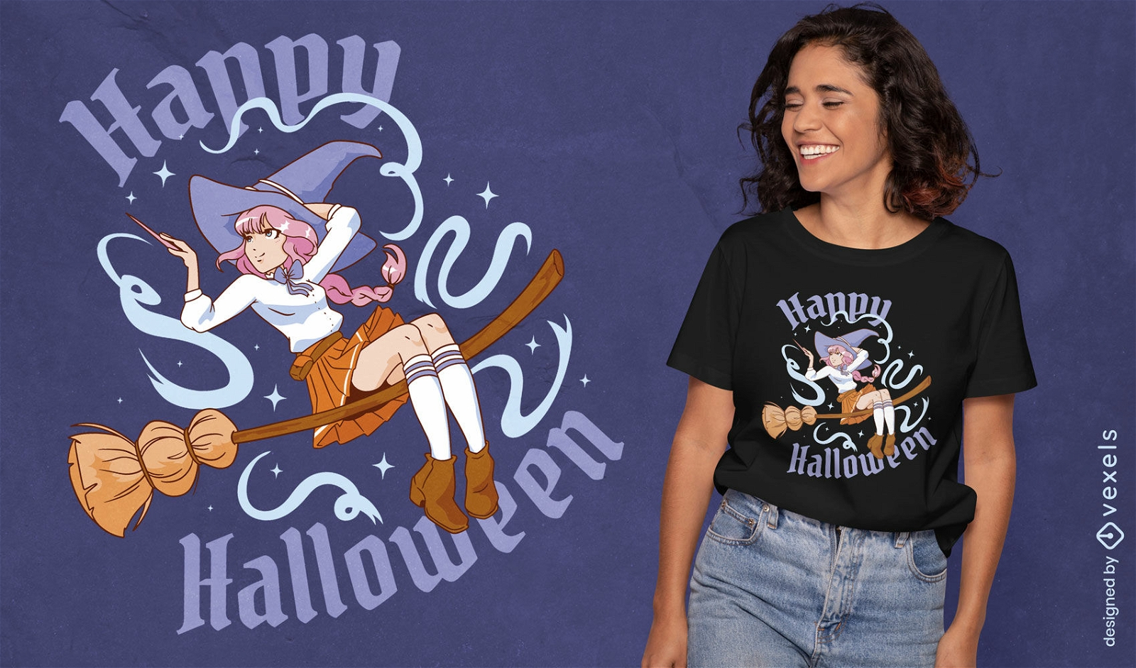 Menina bruxa de anime no design de camiseta de vassoura
