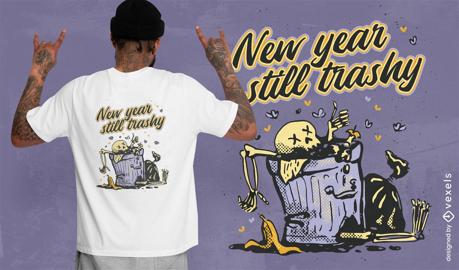 Skelett im T-Shirt-Design des Trash-Neujahrs