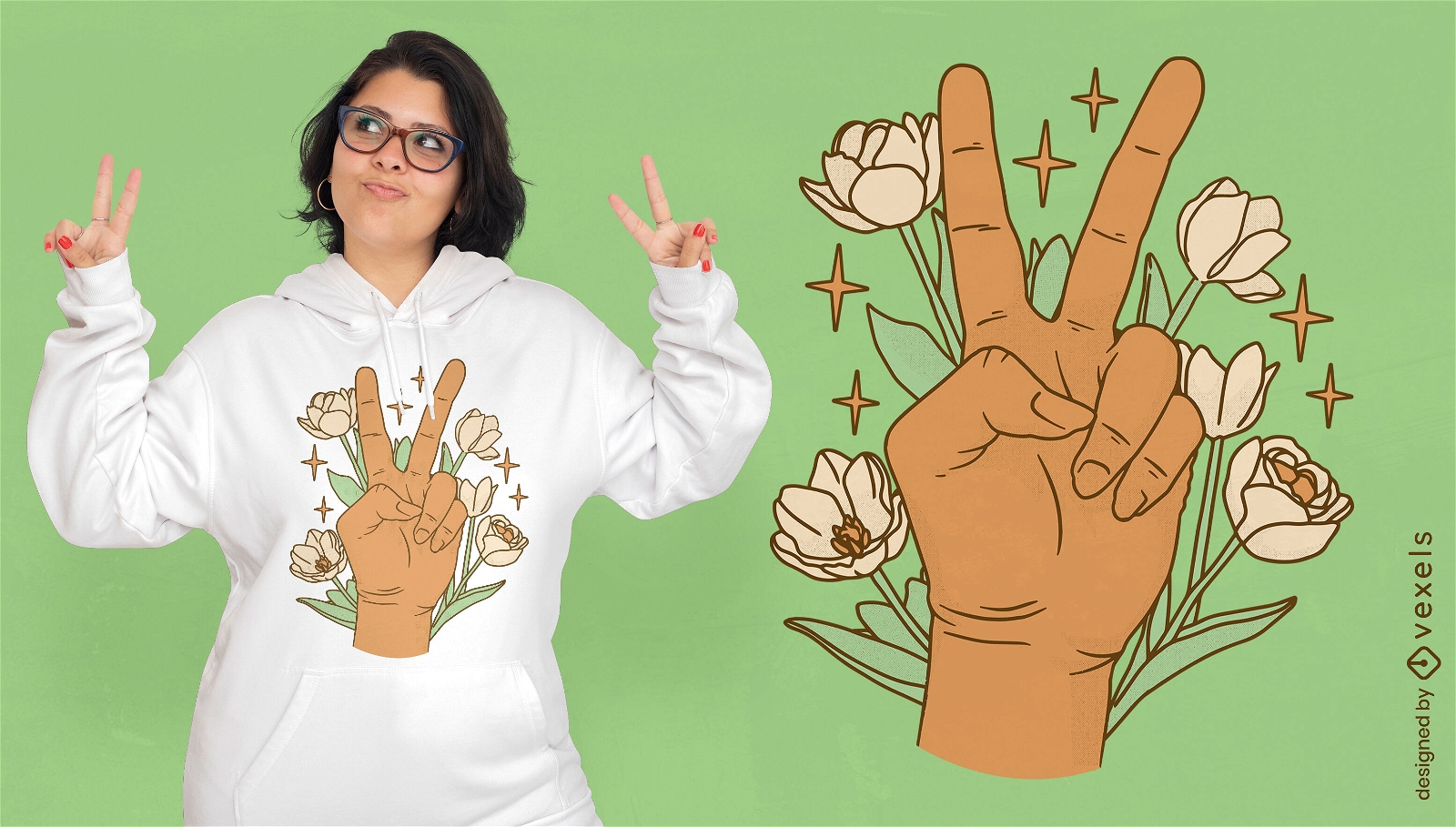 Hand peace sign and flowers t-shirt design