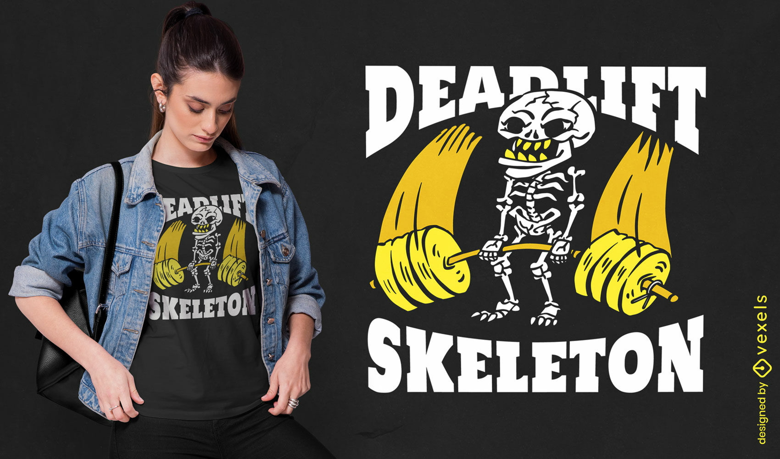 Diseño de camiseta deportiva de esqueleto levantando pesas.