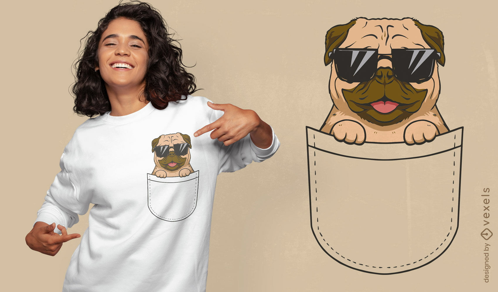 Pug perro animal en diseño de camiseta de bolsillo