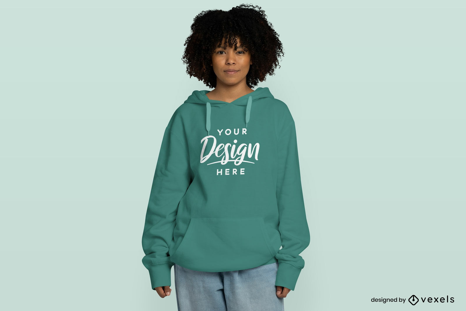 Female model with curly hair and hoodie mockup