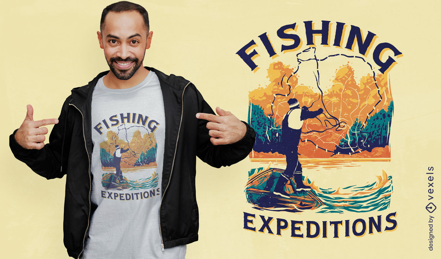 Diseño de camiseta de expediciones de pesca.