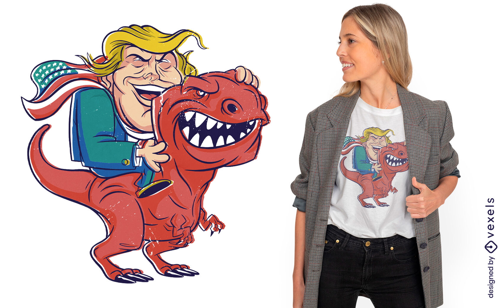 Trump en un diseño de camiseta de t-rex y bandera americana